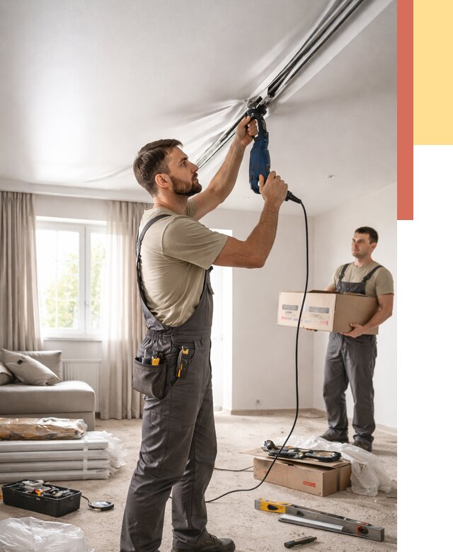 Монтаж сатинового натяжного потолка в Каменске-Шахтинском от 3605 руб. | Быстро, недорого — ОТДЕЛОЧНИК-Ксш