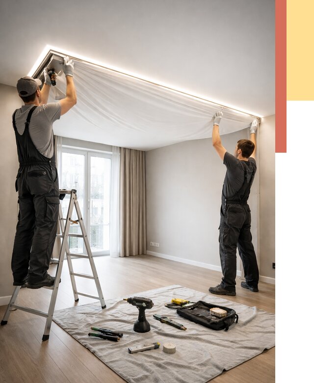 Монтаж парящего натяжного потолка в Каменске-Шахтинском от 4635 руб. быстро и недорого | ОТДЕЛОЧНИК-Ксш